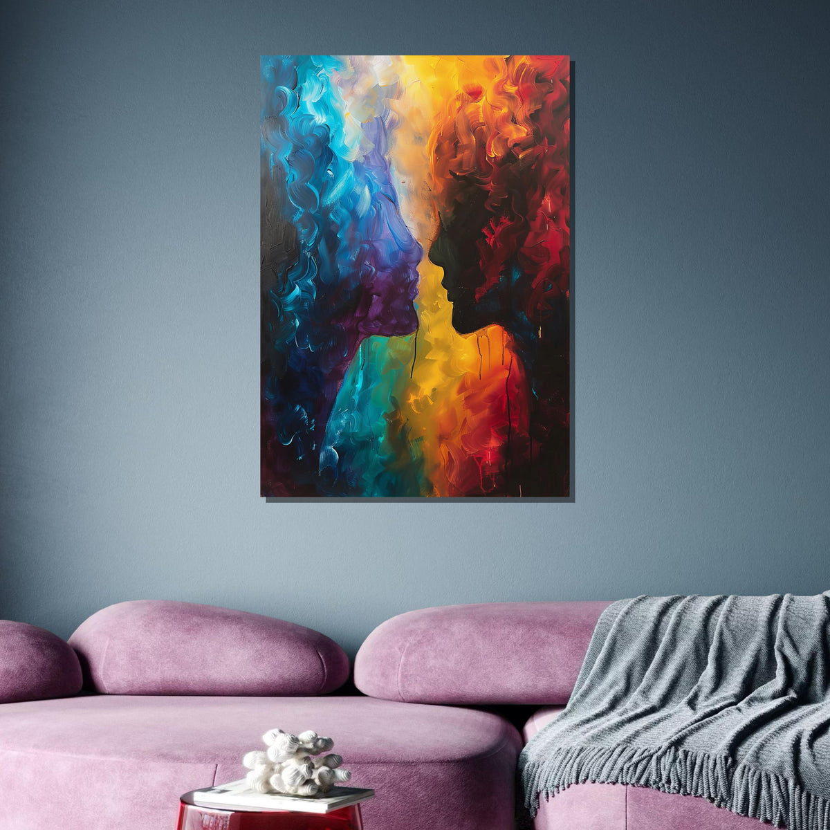 Abstract Lovers Canvas Art, Duality of Colors Wall Decor, Romantic Silhouette Painting, Passionate Couple Art, Colorful Love Art