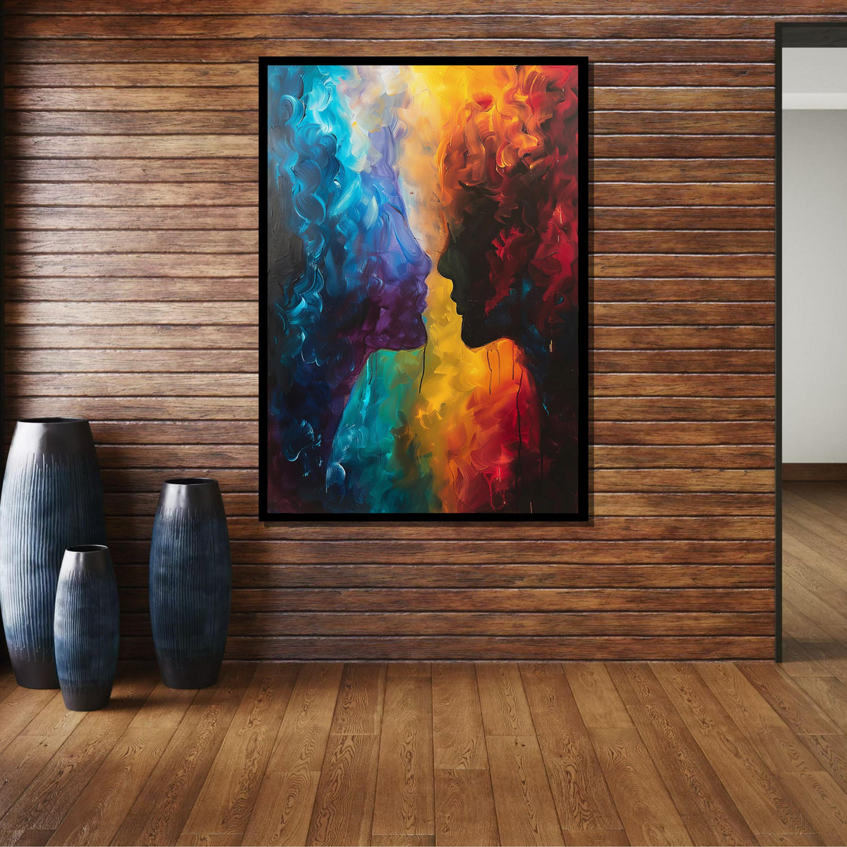 Abstract Lovers Canvas Art, Duality of Colors Wall Decor, Romantic Silhouette Painting, Passionate Couple Art, Colorful Love Art