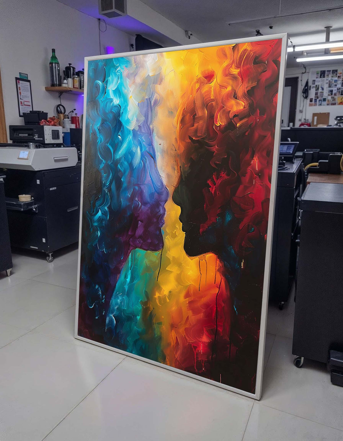 Abstract Lovers Canvas Art, Duality of Colors Wall Decor, Romantic Silhouette Painting, Passionate Couple Art, Colorful Love Art