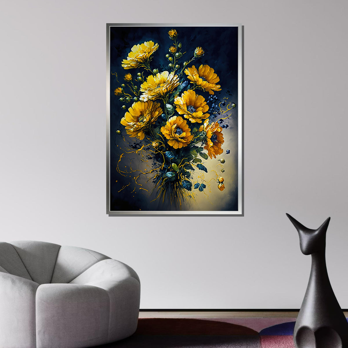 Golden Flower Bouquet Canvas Art,Vibrant Yellow Floral Wall Decor,Elegant Botanical Painting,Dark Background Flower Art,Bright Floral Canvas