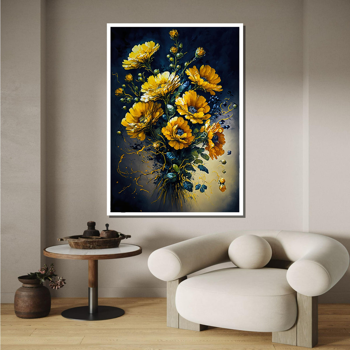 Golden Flower Bouquet Canvas Art,Vibrant Yellow Floral Wall Decor,Elegant Botanical Painting,Dark Background Flower Art,Bright Floral Canvas