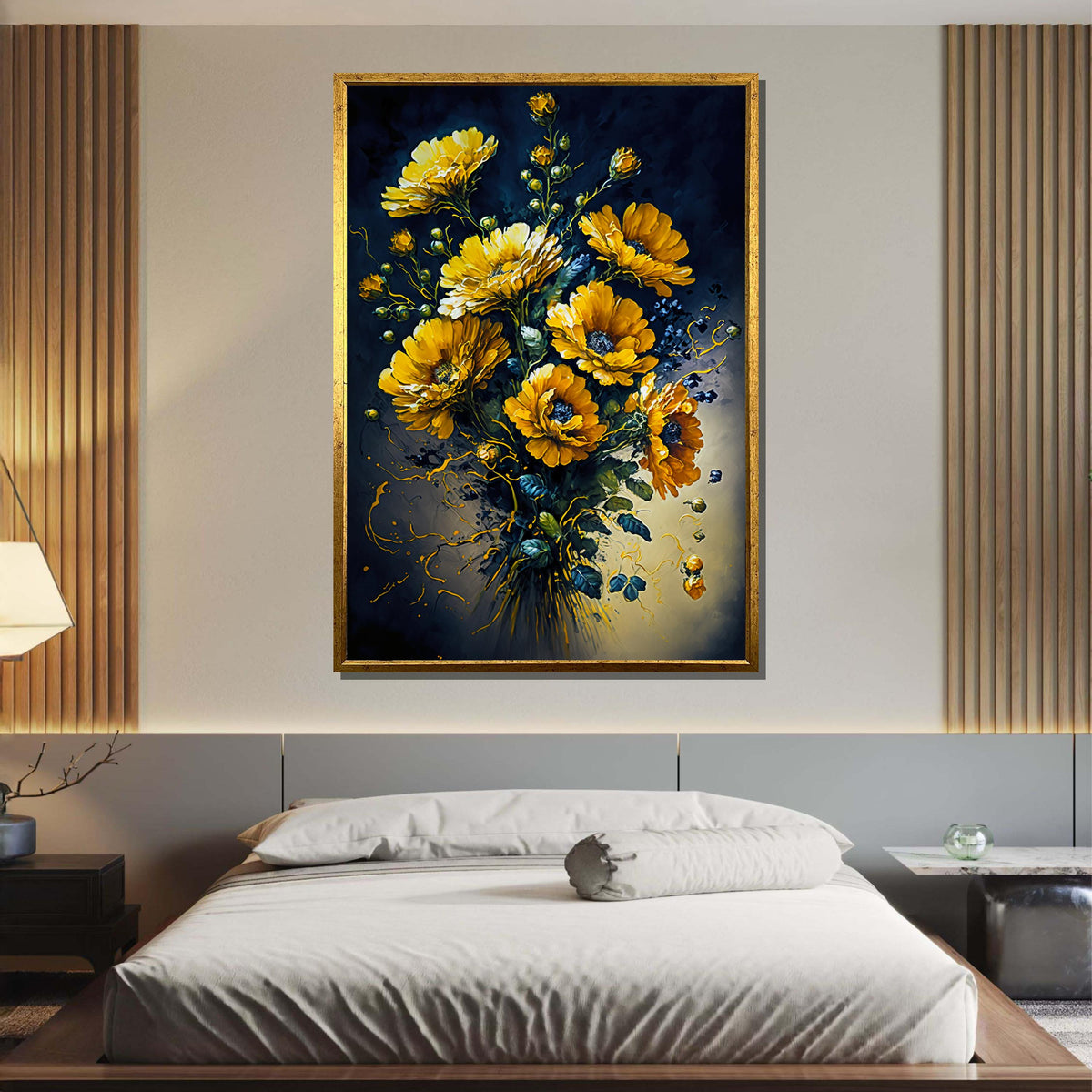 Golden Flower Bouquet Canvas Art,Vibrant Yellow Floral Wall Decor,Elegant Botanical Painting,Dark Background Flower Art,Bright Floral Canvas