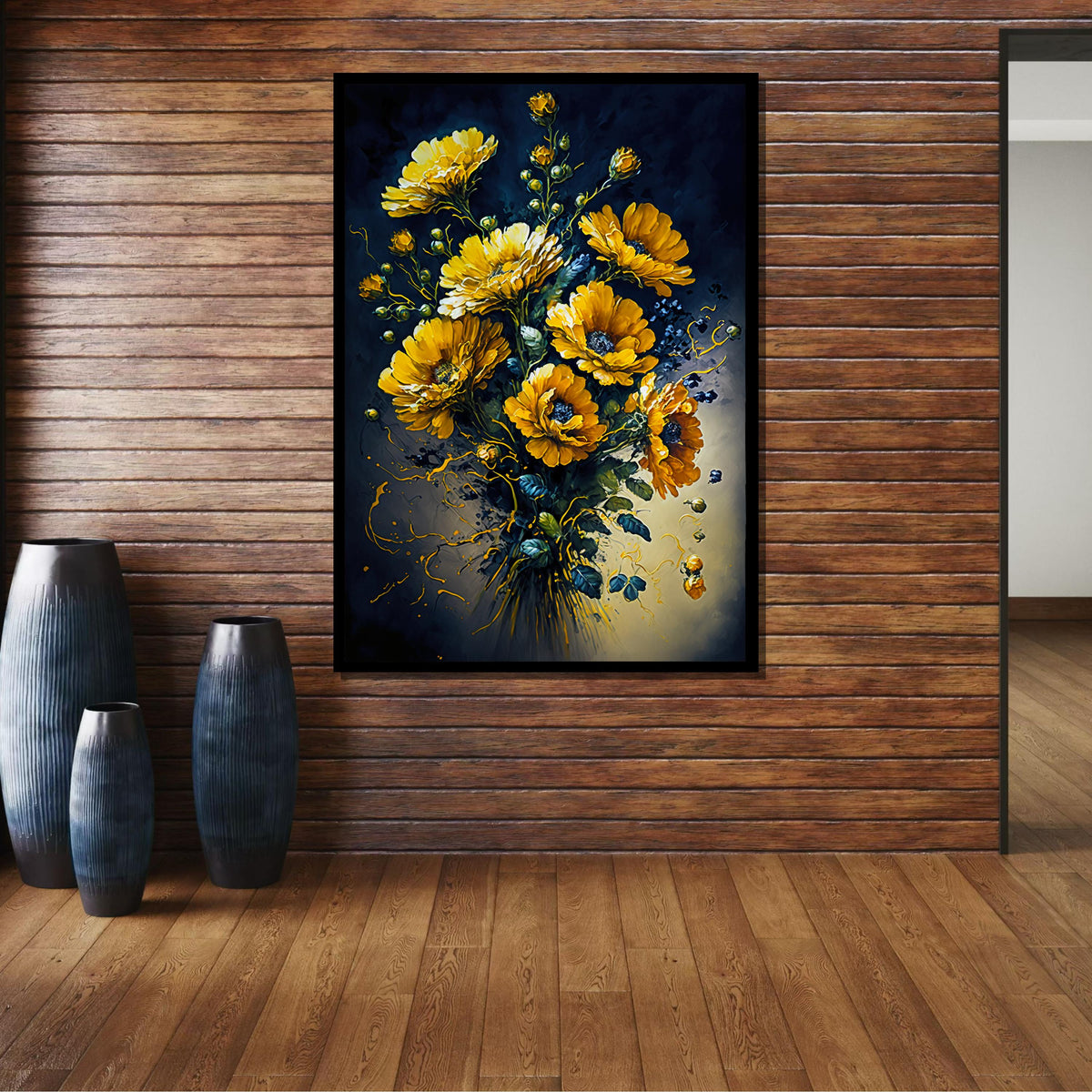 Golden Flower Bouquet Canvas Art,Vibrant Yellow Floral Wall Decor,Elegant Botanical Painting,Dark Background Flower Art,Bright Floral Canvas