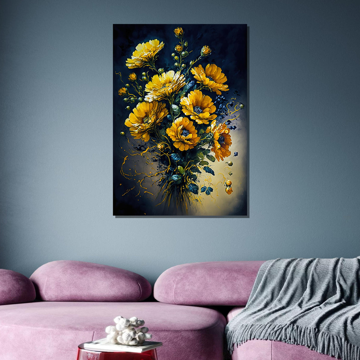 Golden Flower Bouquet Canvas Art,Vibrant Yellow Floral Wall Decor,Elegant Botanical Painting,Dark Background Flower Art,Bright Floral Canvas
