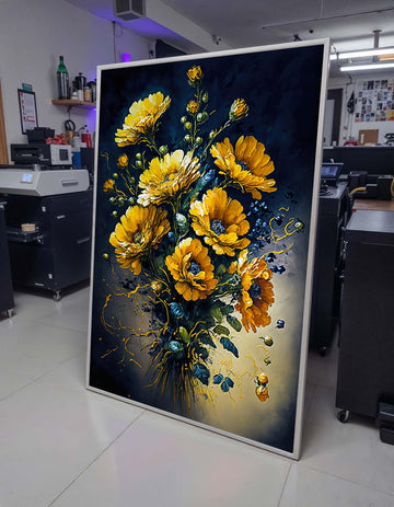 Golden Flower Bouquet Canvas Art,Vibrant Yellow Floral Wall Decor,Elegant Botanical Painting,Dark Background Flower Art,Bright Floral Canvas