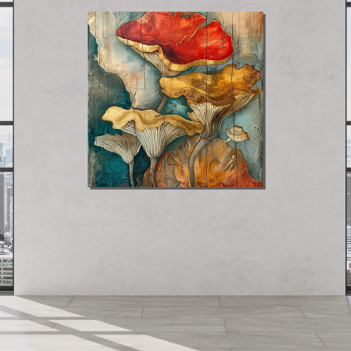 Golden Mushroom Canvas Art, Botanical Wall Decor, Abstract Nature Painting, Rustic Floral Art, Flower Art, Earthy Mushroom Art