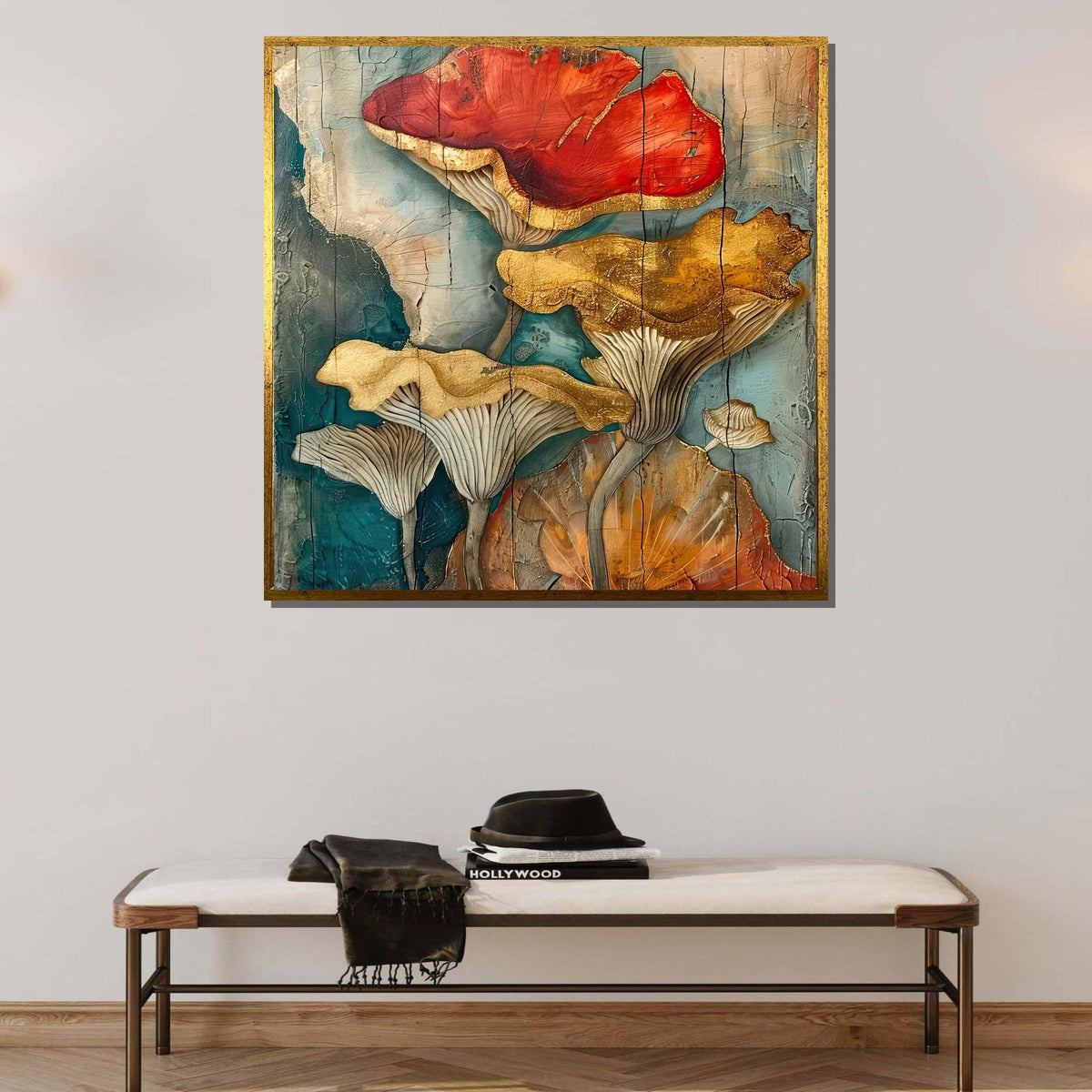 Golden Mushroom Canvas Art, Botanical Wall Decor, Abstract Nature Painting, Rustic Floral Art, Flower Art, Earthy Mushroom Art
