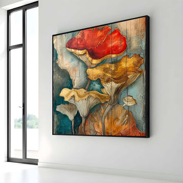 Golden Mushroom Canvas Art, Botanical Wall Decor, Abstract Nature Painting, Rustic Floral Art, Flower Art, Earthy Mushroom Art
