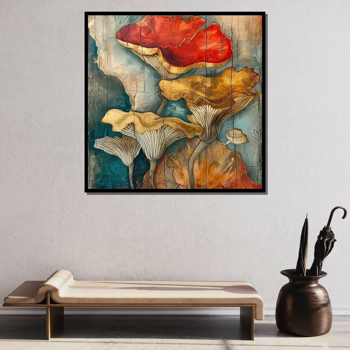 Golden Mushroom Canvas Art, Botanical Wall Decor, Abstract Nature Painting, Rustic Floral Art, Flower Art, Earthy Mushroom Art