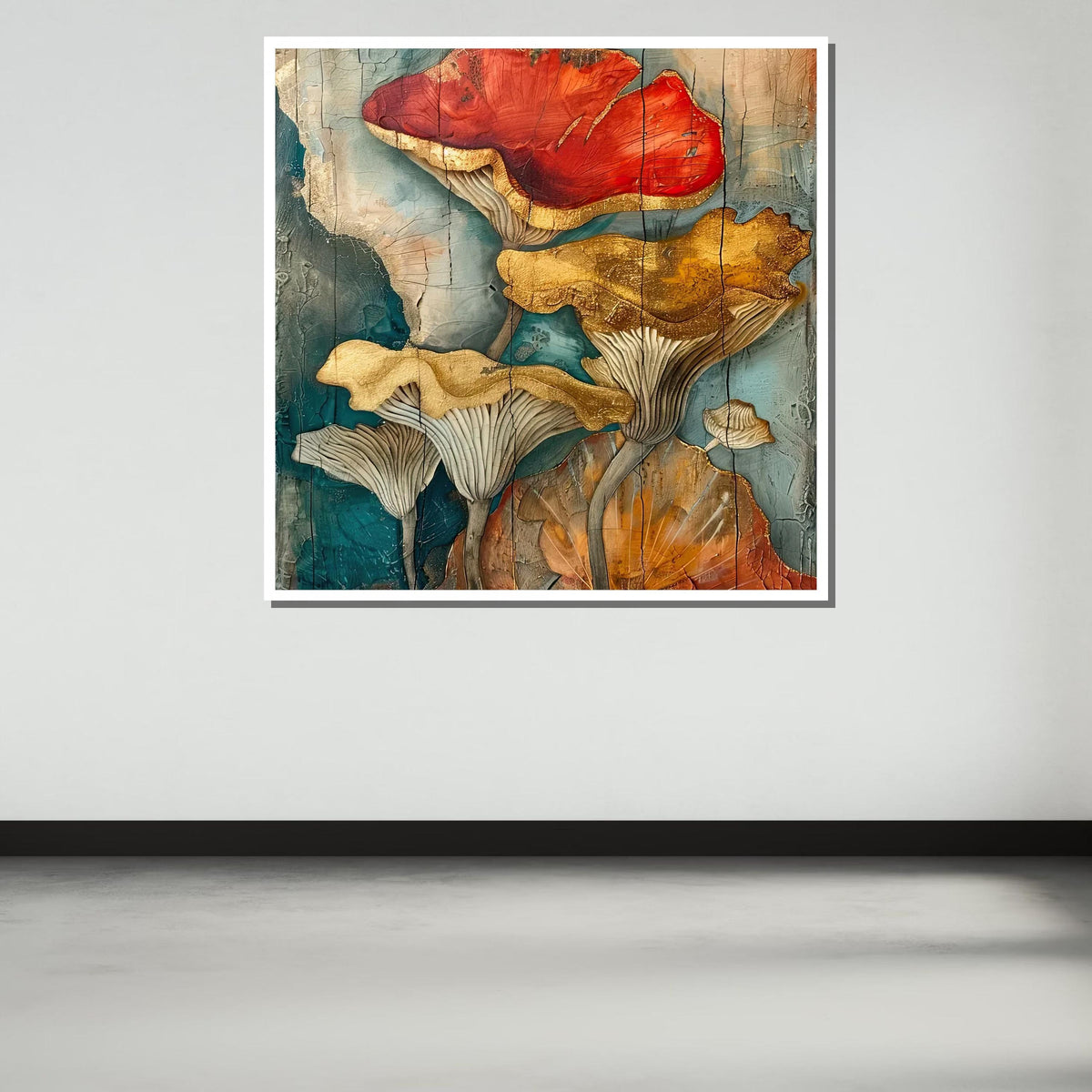 Golden Mushroom Canvas Art, Botanical Wall Decor, Abstract Nature Painting, Rustic Floral Art, Flower Art, Earthy Mushroom Art