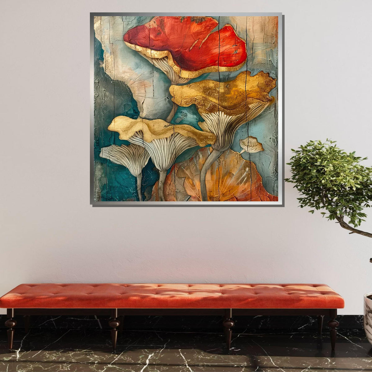 Golden Mushroom Canvas Art, Botanical Wall Decor, Abstract Nature Painting, Rustic Floral Art, Flower Art, Earthy Mushroom Art