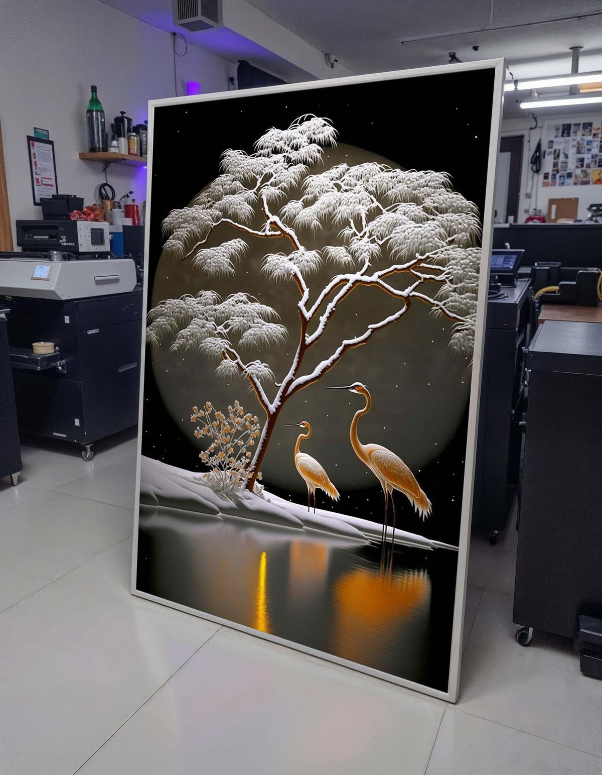 Winter Cranes Canvas Art, Tranquil Snow Scene, Japanese Inspired Landscape, Moonlit Nature Wall Art, Serene Bird and Tree Painting