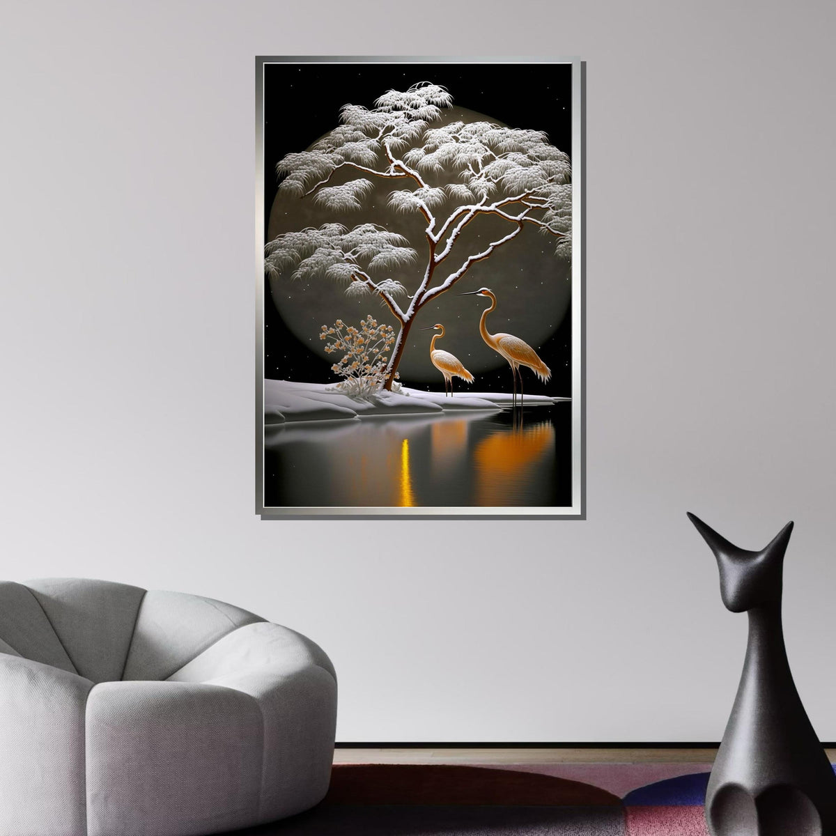 Winter Cranes Canvas Art, Tranquil Snow Scene, Japanese Inspired Landscape, Moonlit Nature Wall Art, Serene Bird and Tree Painting