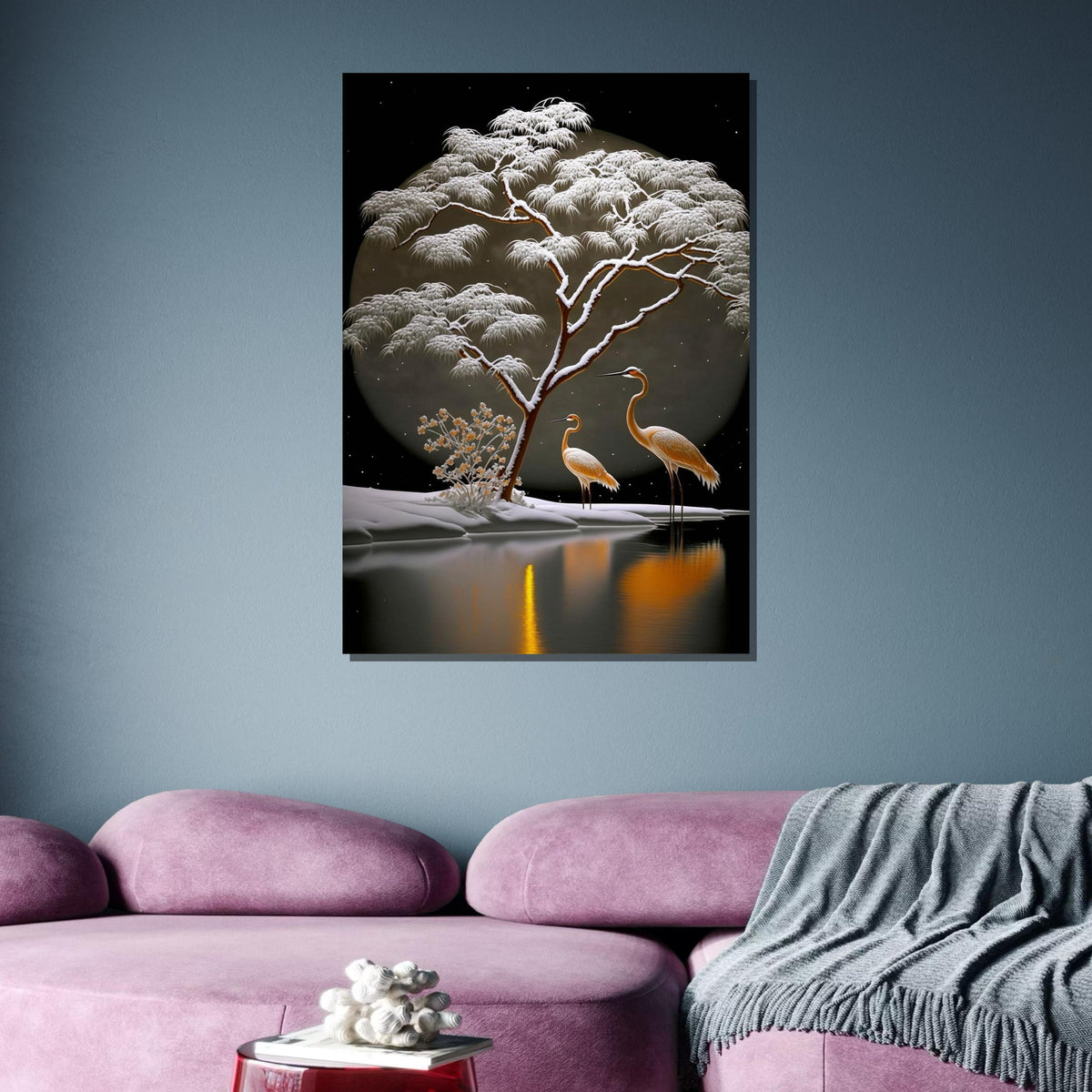 Winter Cranes Canvas Art, Tranquil Snow Scene, Japanese Inspired Landscape, Moonlit Nature Wall Art, Serene Bird and Tree Painting