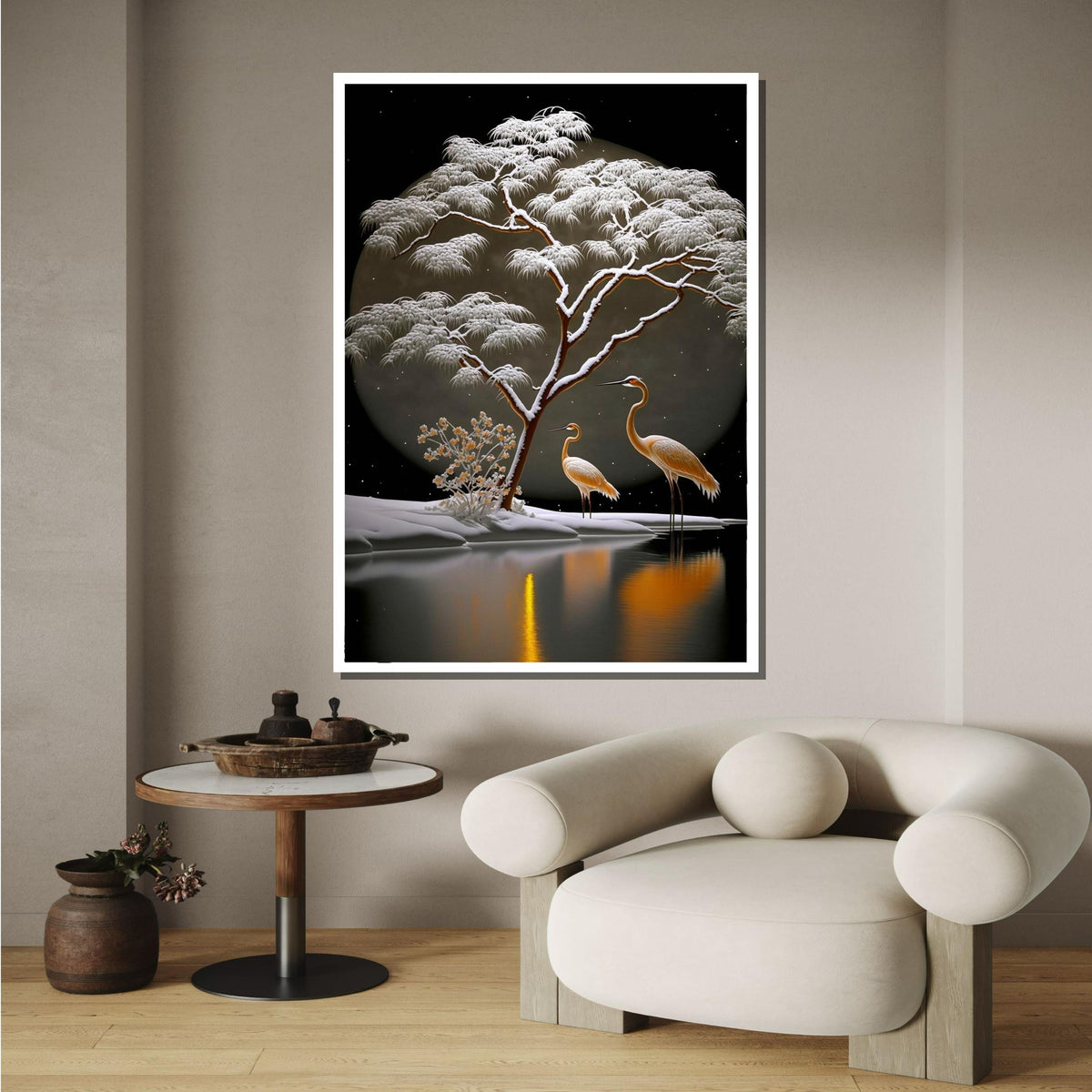 Winter Cranes Canvas Art, Tranquil Snow Scene, Japanese Inspired Landscape, Moonlit Nature Wall Art, Serene Bird and Tree Painting