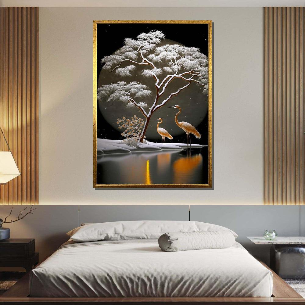 Winter Cranes Canvas Art, Tranquil Snow Scene, Japanese Inspired Landscape, Moonlit Nature Wall Art, Serene Bird and Tree Painting