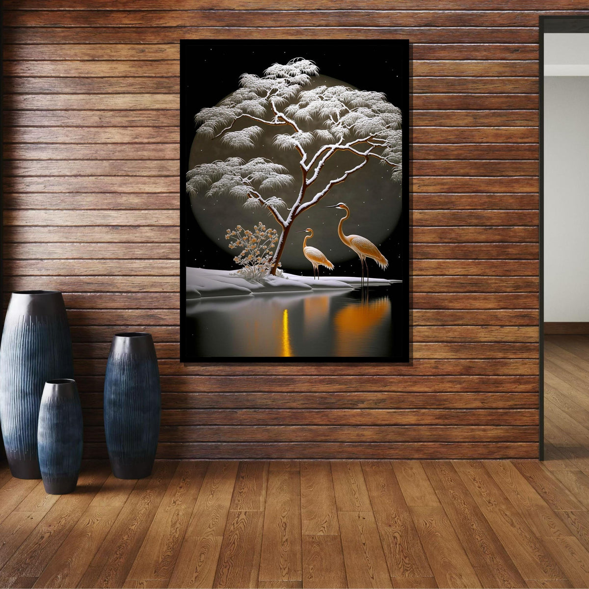 Winter Cranes Canvas Art, Tranquil Snow Scene, Japanese Inspired Landscape, Moonlit Nature Wall Art, Serene Bird and Tree Painting