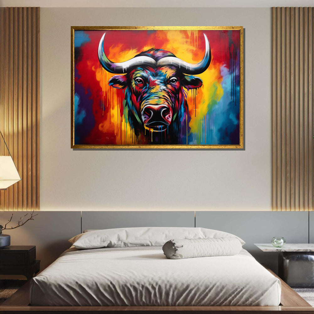 Vibrant Bull Canvas Art, Colorful Animal Portrait, Abstract Bull Painting, Bold Graffiti Wall Decor, Modern Wildlife Art, Large Wall Art