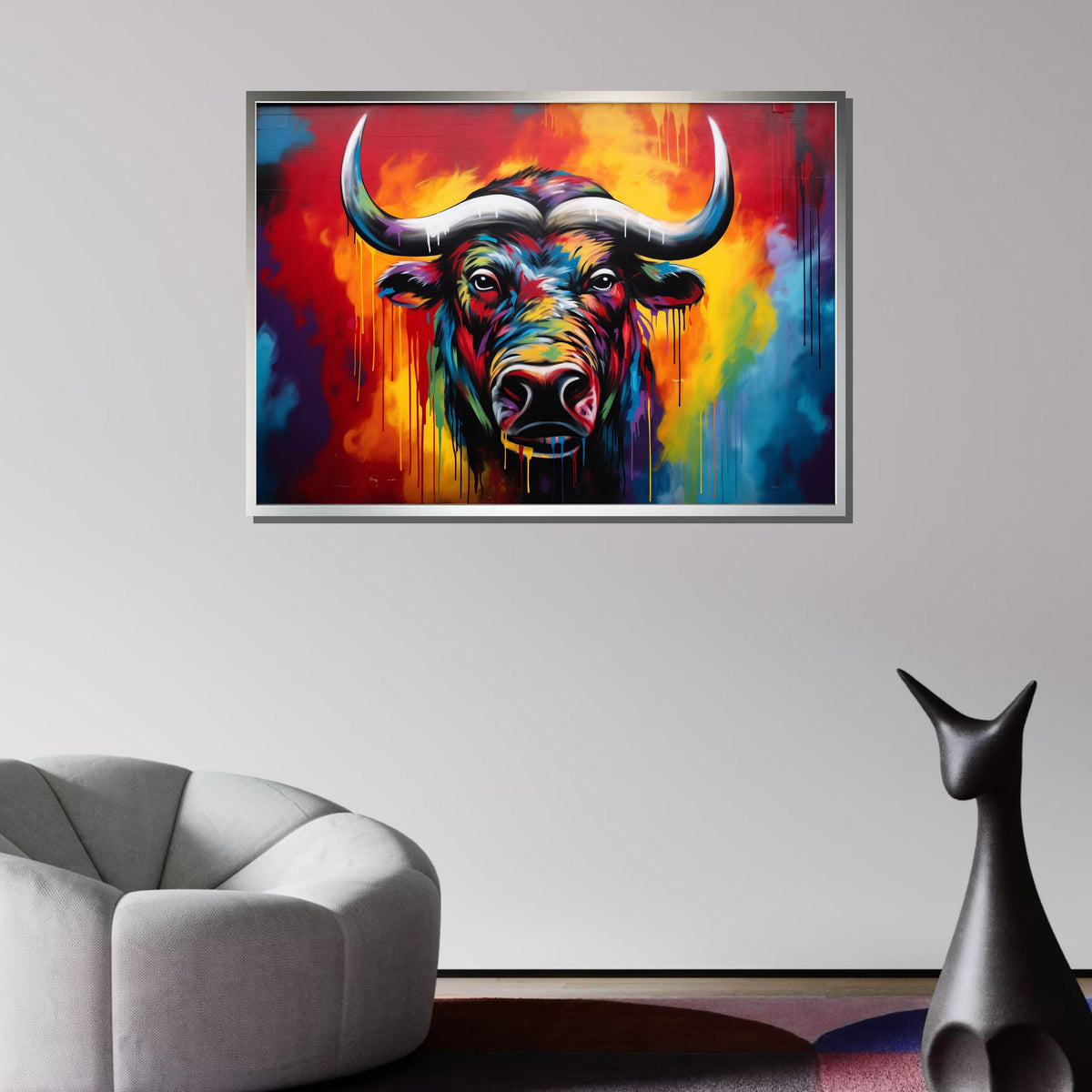 Vibrant Bull Canvas Art, Colorful Animal Portrait, Abstract Bull Painting, Bold Graffiti Wall Decor, Modern Wildlife Art, Large Wall Art