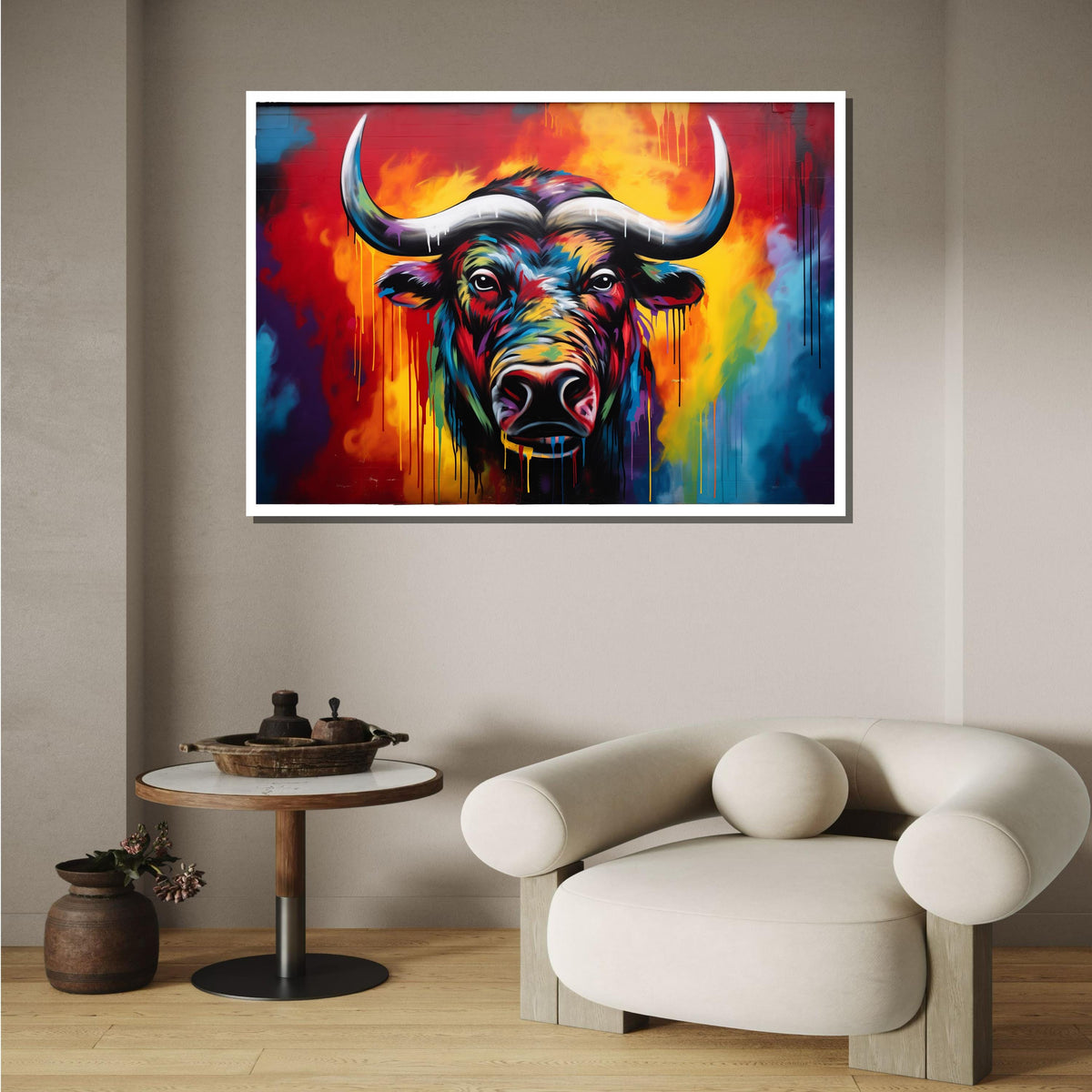 Vibrant Bull Canvas Art, Colorful Animal Portrait, Abstract Bull Painting, Bold Graffiti Wall Decor, Modern Wildlife Art, Large Wall Art