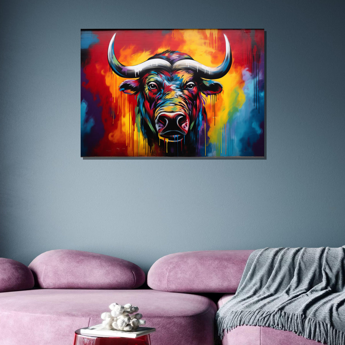 Vibrant Bull Canvas Art, Colorful Animal Portrait, Abstract Bull Painting, Bold Graffiti Wall Decor, Modern Wildlife Art, Large Wall Art