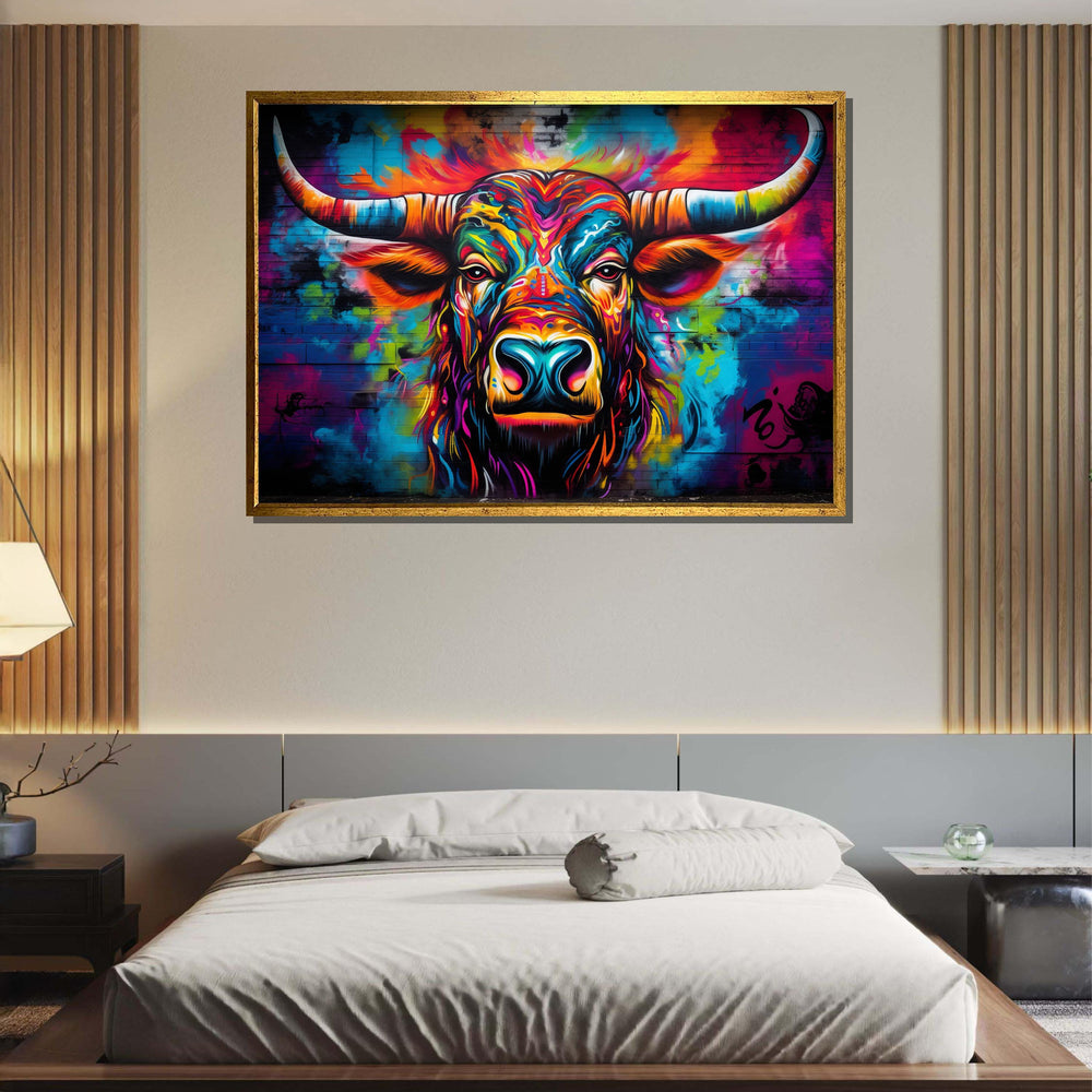 Vibrant Bull Canvas Art, Colorful Animal Portrait, Abstract Bull Painting, Bold Graffiti Wall Decor, Modern Wildlife Art, Large Wall Art