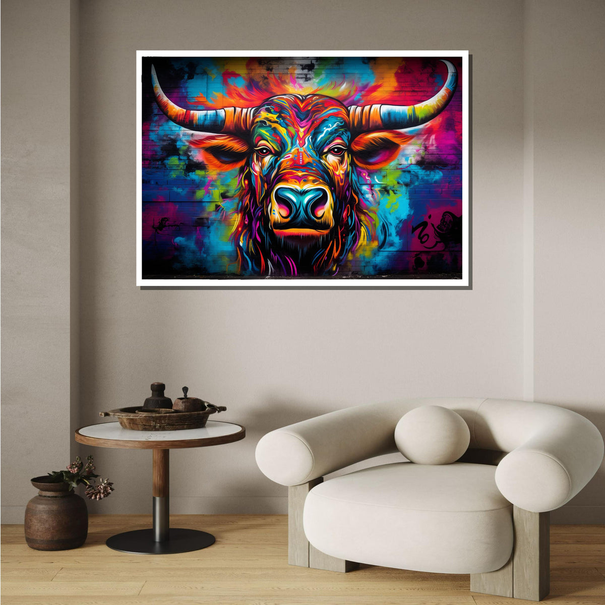 Vibrant Bull Canvas Art, Colorful Animal Portrait, Abstract Bull Painting, Bold Graffiti Wall Decor, Modern Wildlife Art, Large Wall Art