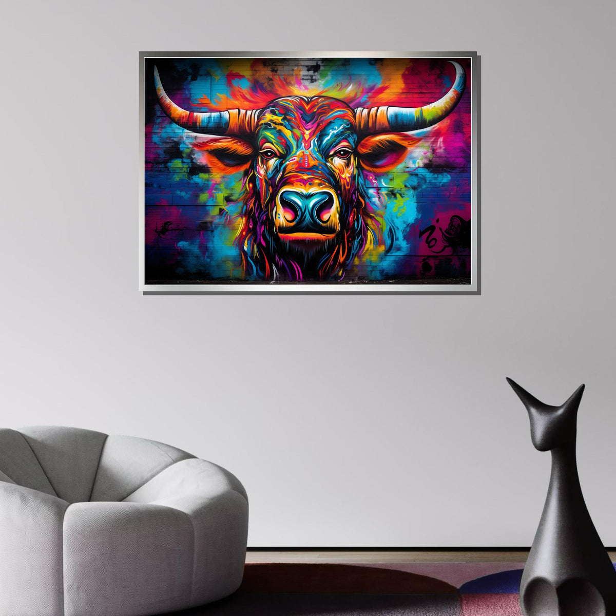Vibrant Bull Canvas Art, Colorful Animal Portrait, Abstract Bull Painting, Bold Graffiti Wall Decor, Modern Wildlife Art, Large Wall Art