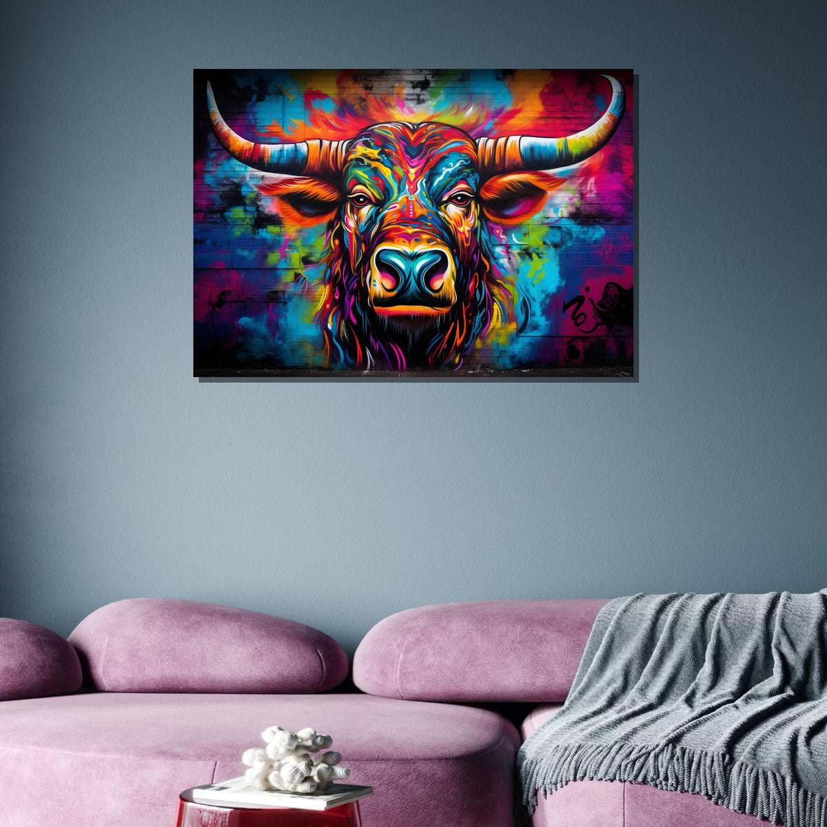 Vibrant Bull Canvas Art, Colorful Animal Portrait, Abstract Bull Painting, Bold Graffiti Wall Decor, Modern Wildlife Art, Large Wall Art