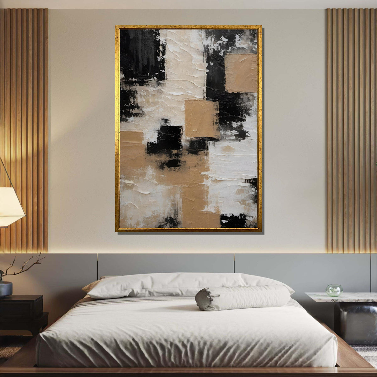 Neutral Abstract Art, Minimalist Beige and Black Canvas, Modern Geometric Wall Art, Contemporary Neutral Decor