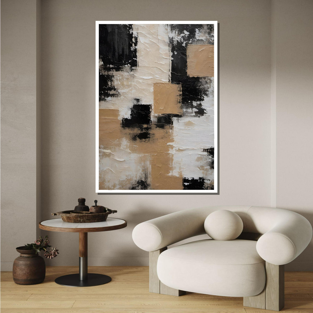 Neutral Abstract Art, Minimalist Beige and Black Canvas, Modern Geometric Wall Art, Contemporary Neutral Decor