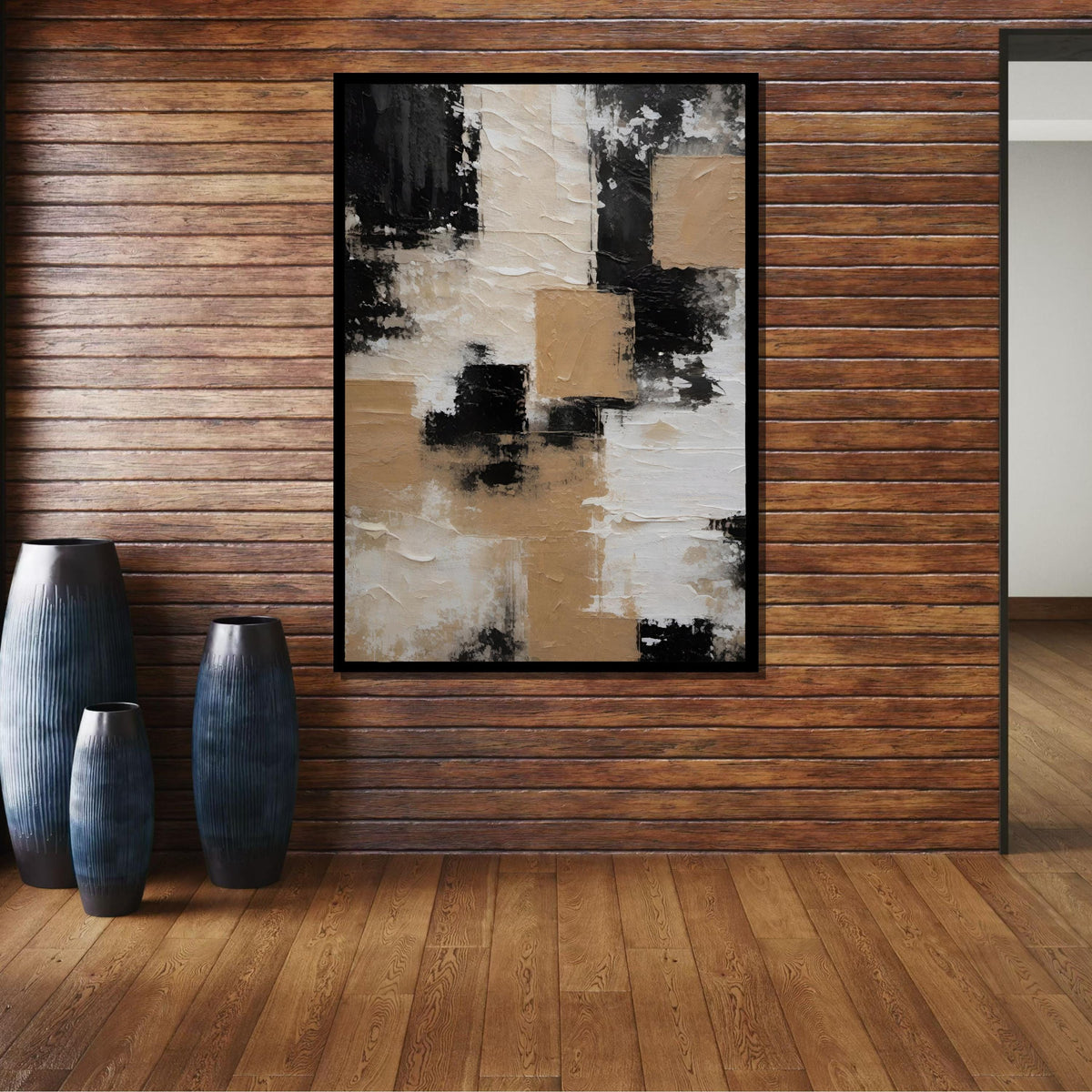 Neutral Abstract Art, Minimalist Beige and Black Canvas, Modern Geometric Wall Art, Contemporary Neutral Decor