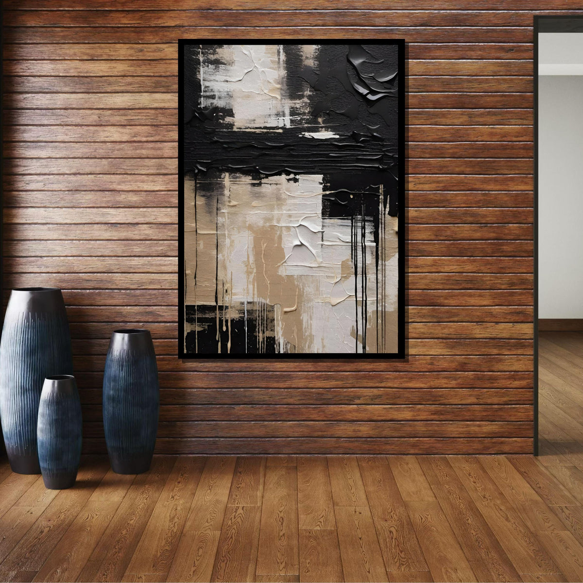 Neutral Abstract Art, Minimalist Beige and Black Canvas, Modern Geometric Wall Art, Contemporary Neutral Decor