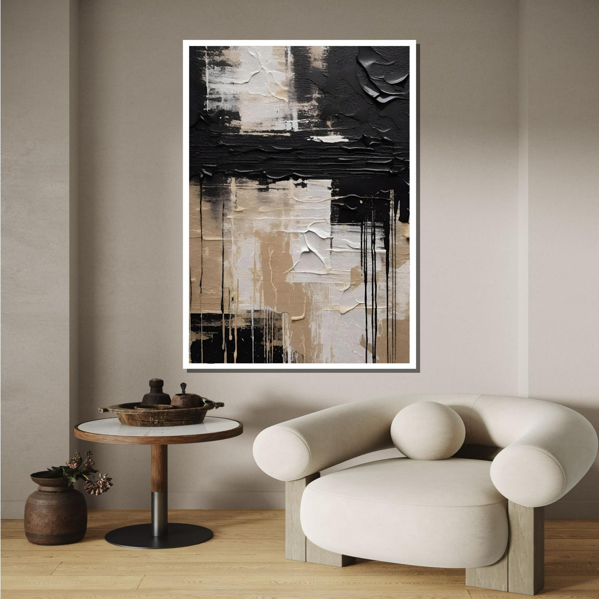 Neutral Abstract Art, Minimalist Beige and Black Canvas, Modern Geometric Wall Art, Contemporary Neutral Decor