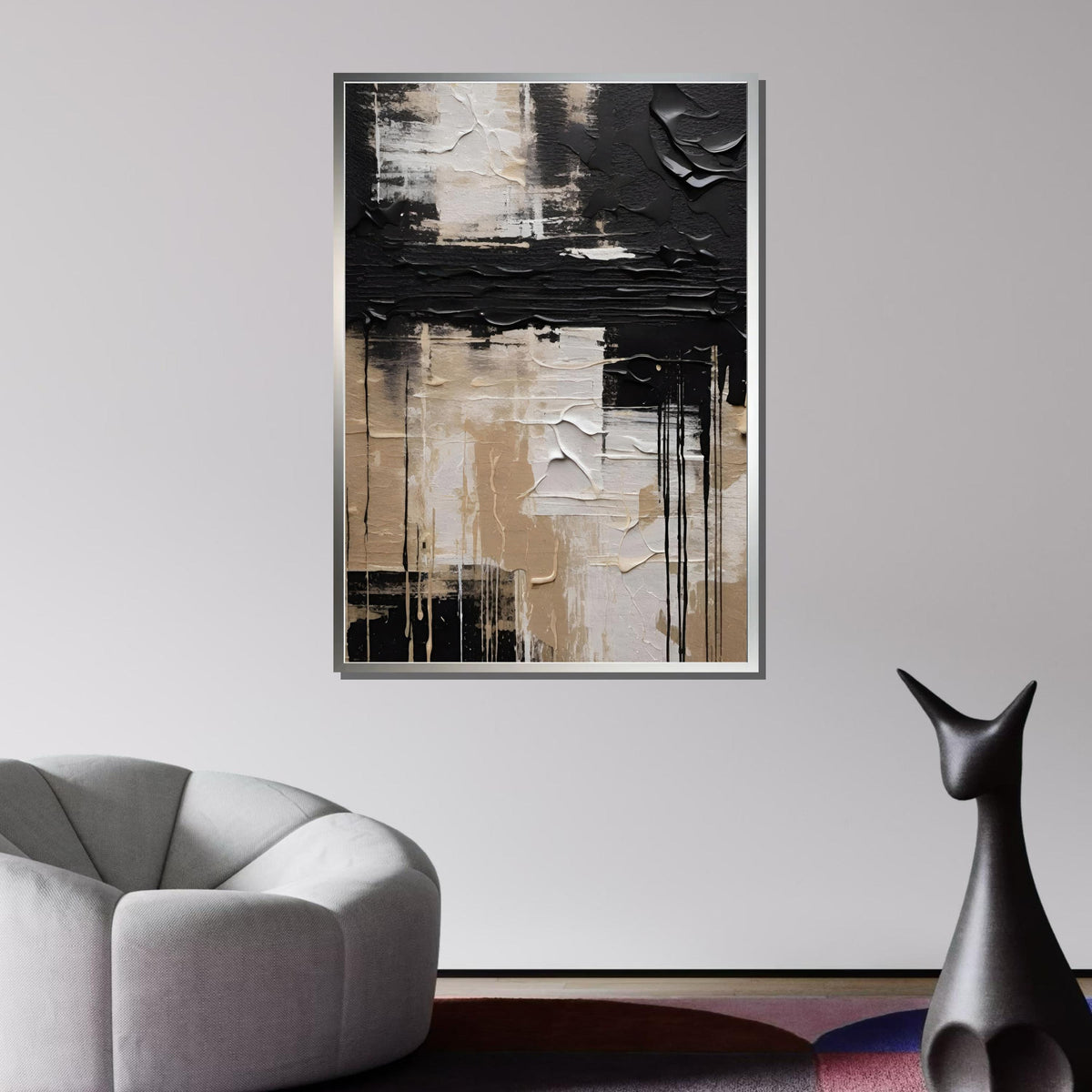 Neutral Abstract Art, Minimalist Beige and Black Canvas, Modern Geometric Wall Art, Contemporary Neutral Decor