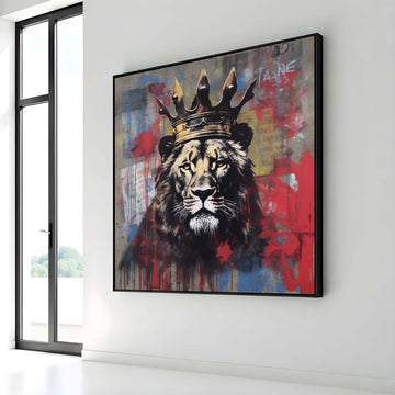 King Lion Graffiti Canvas, Street Art Lion Print, Crowned Lion Wall Decor, Urban Jungle Animal Art,Vibrant Safari Wall Print, Large Wall Art