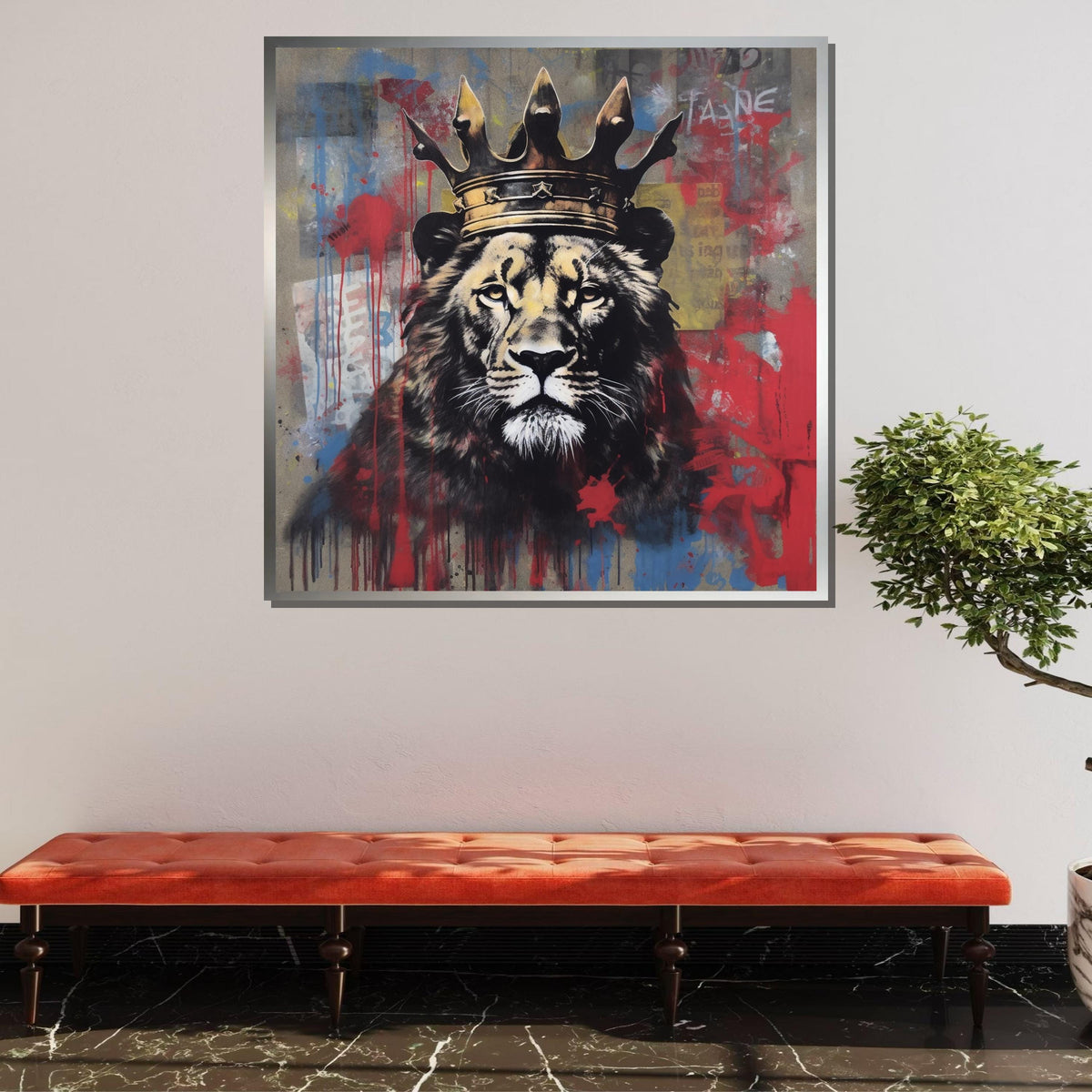 King Lion Graffiti Canvas, Street Art Lion Print, Crowned Lion Wall Decor, Urban Jungle Animal Art,Vibrant Safari Wall Print, Large Wall Art