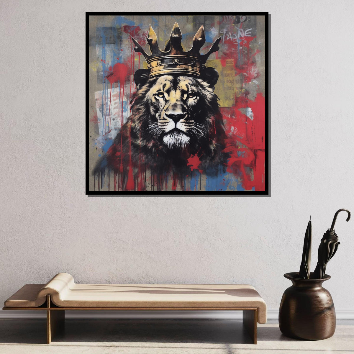 King Lion Graffiti Canvas, Street Art Lion Print, Crowned Lion Wall Decor, Urban Jungle Animal Art,Vibrant Safari Wall Print, Large Wall Art