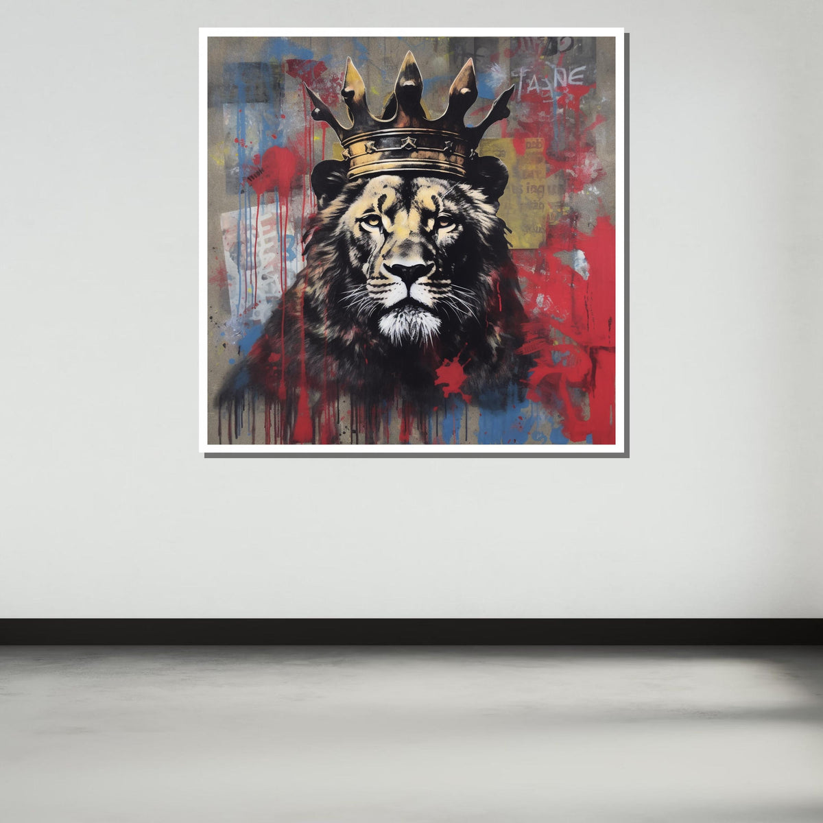 King Lion Graffiti Canvas, Street Art Lion Print, Crowned Lion Wall Decor, Urban Jungle Animal Art,Vibrant Safari Wall Print, Large Wall Art