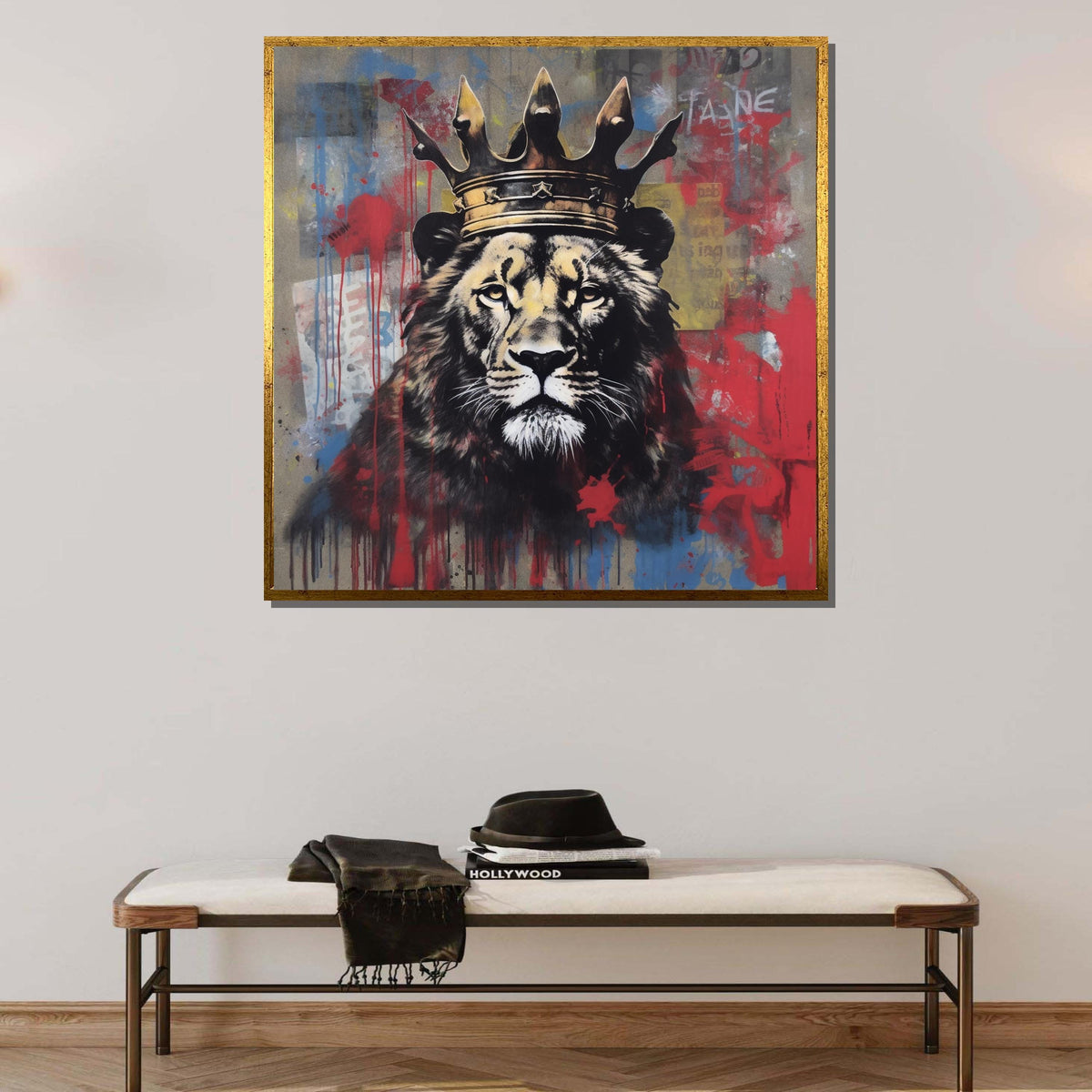 King Lion Graffiti Canvas, Street Art Lion Print, Crowned Lion Wall Decor, Urban Jungle Animal Art,Vibrant Safari Wall Print, Large Wall Art