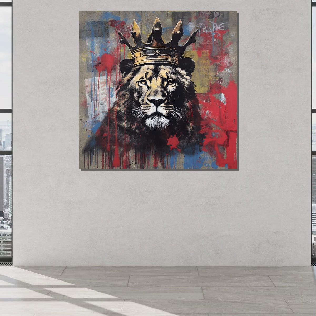 King Lion Graffiti Canvas, Street Art Lion Print, Crowned Lion Wall Decor, Urban Jungle Animal Art,Vibrant Safari Wall Print, Large Wall Art