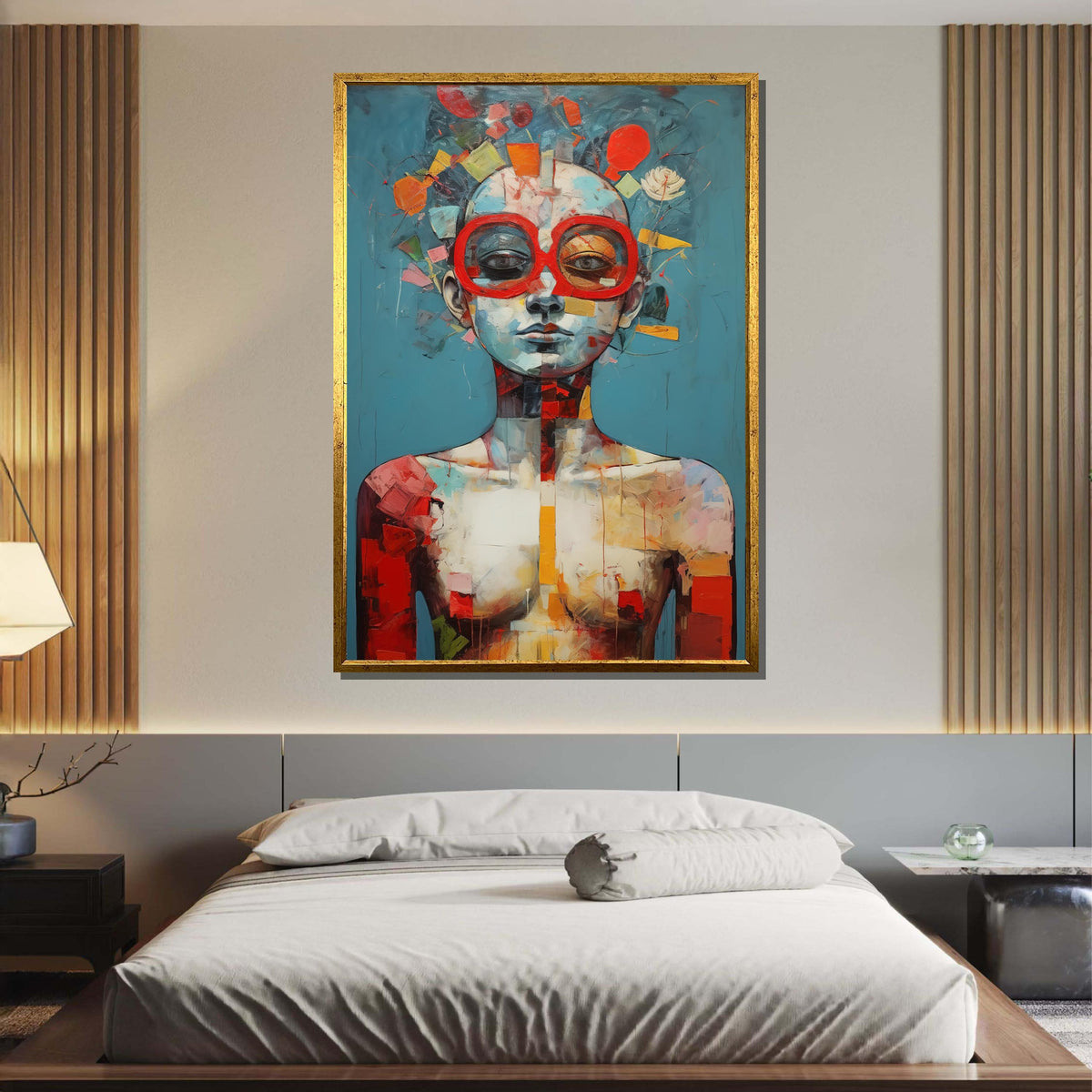 Abstract Portrait Canvas, Surreal Woman Art, Modern Figurative Painting, Red Glasses Wall Art, Unique Contemporary Decor