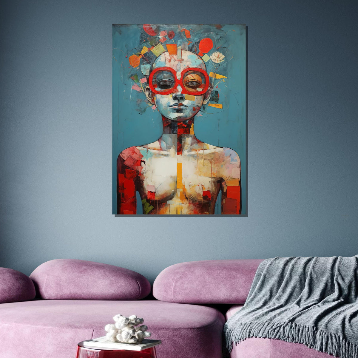 Abstract Portrait Canvas, Surreal Woman Art, Modern Figurative Painting, Red Glasses Wall Art, Unique Contemporary Decor