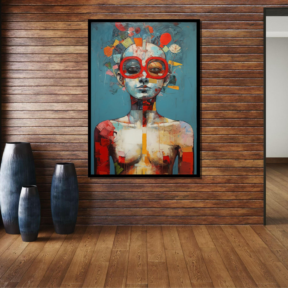 Abstract Portrait Canvas, Surreal Woman Art, Modern Figurative Painting, Red Glasses Wall Art, Unique Contemporary Decor