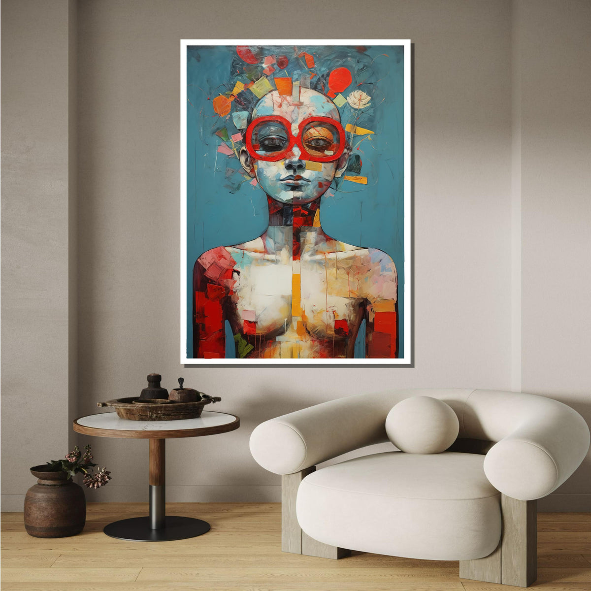 Abstract Portrait Canvas, Surreal Woman Art, Modern Figurative Painting, Red Glasses Wall Art, Unique Contemporary Decor