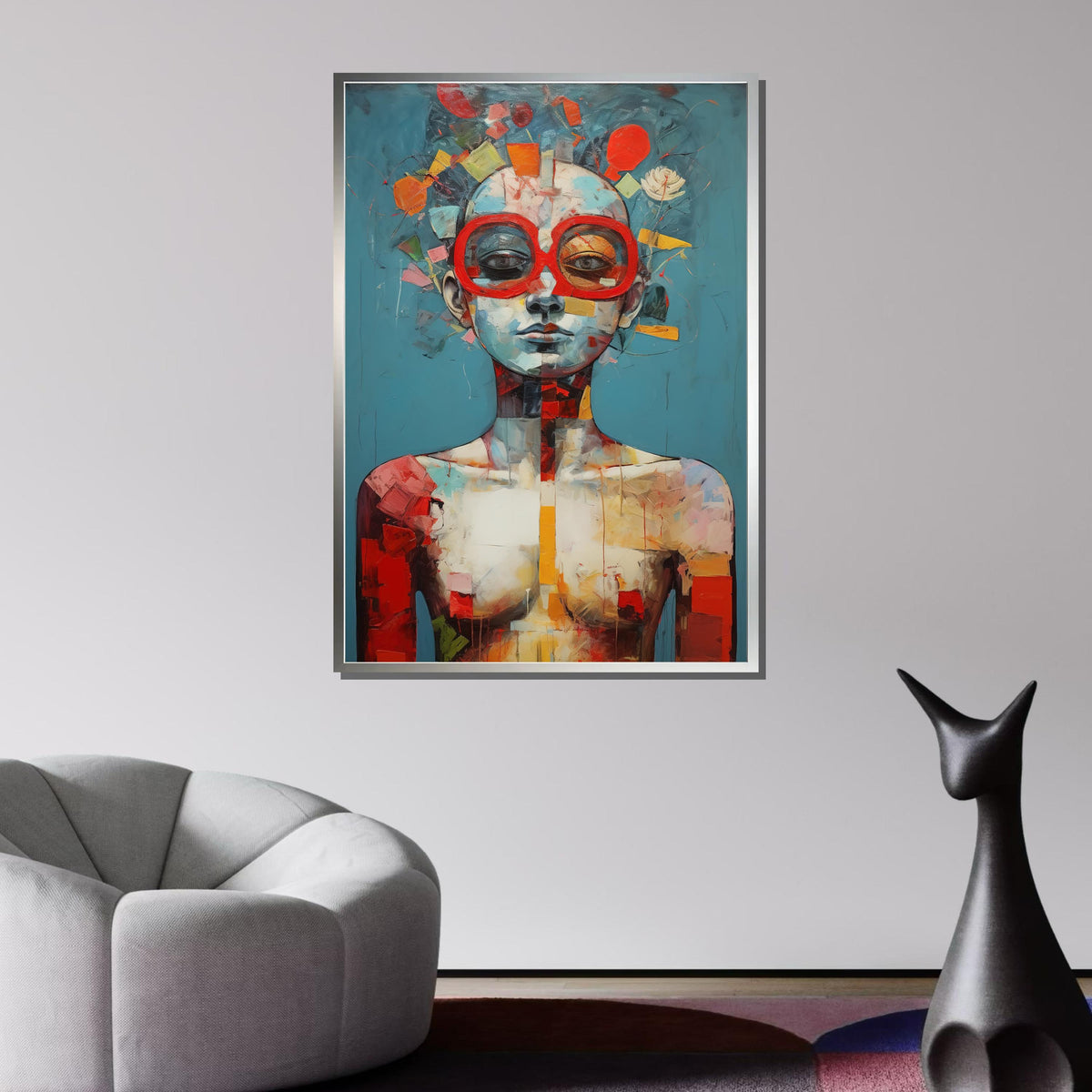 Abstract Portrait Canvas, Surreal Woman Art, Modern Figurative Painting, Red Glasses Wall Art, Unique Contemporary Decor
