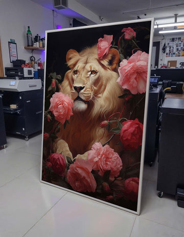 Majestic Lion with Roses Canvas,Elegant Floral Lion Art,Wild Nature Wall Decor, Lion Portrait with Flowers, Regal Animal Print,Ready to Hang