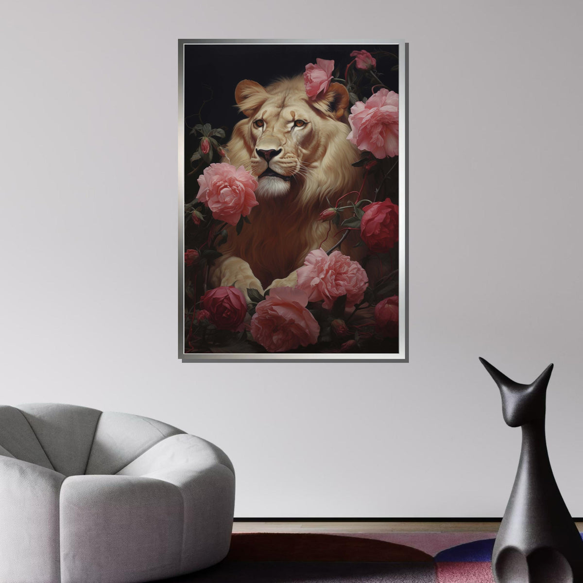 Majestic Lion with Roses Canvas,Elegant Floral Lion Art,Wild Nature Wall Decor, Lion Portrait with Flowers, Regal Animal Print,Ready to Hang