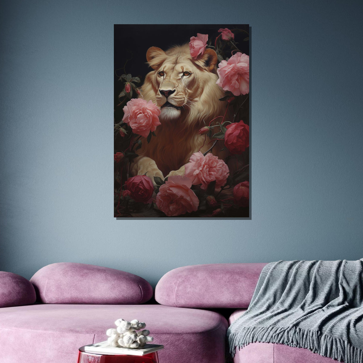 Majestic Lion with Roses Canvas,Elegant Floral Lion Art,Wild Nature Wall Decor, Lion Portrait with Flowers, Regal Animal Print,Ready to Hang