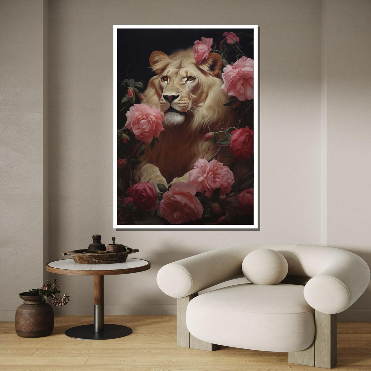 Majestic Lion with Roses Canvas,Elegant Floral Lion Art,Wild Nature Wall Decor, Lion Portrait with Flowers, Regal Animal Print,Ready to Hang